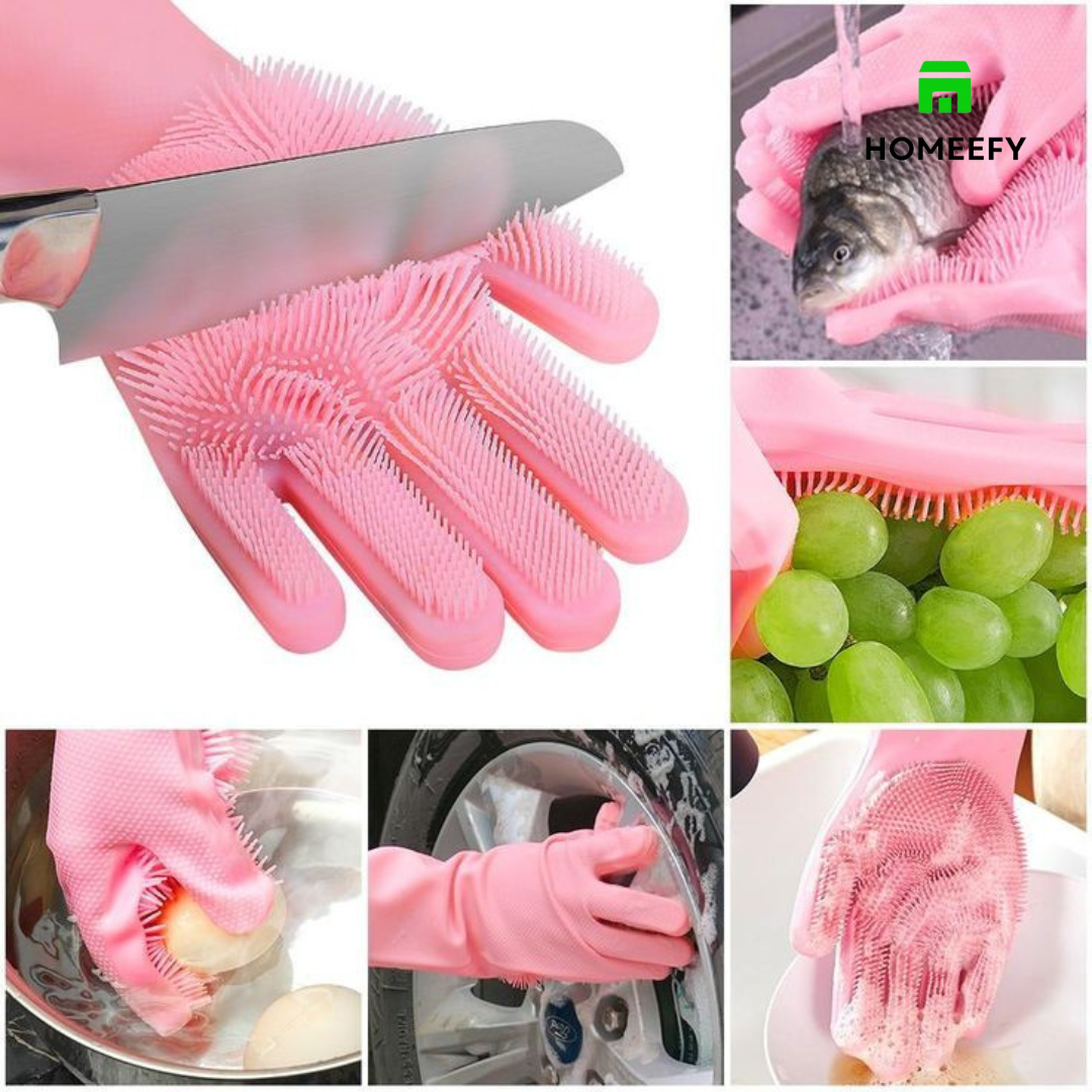 Reusable Silicone Magic Washing Gloves Pair with Scrubber for Kitchen –